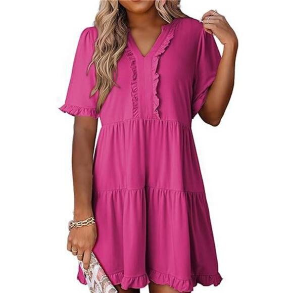 Tiered Notched Short Sleeve Mini Dress - Picture 7 of 16